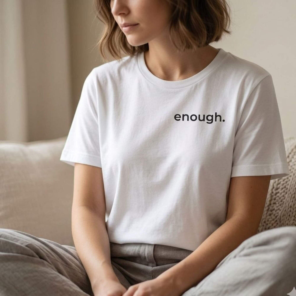 woman wearing enough t-shirt white clean aesthetic minimalist outfit soft neutral style