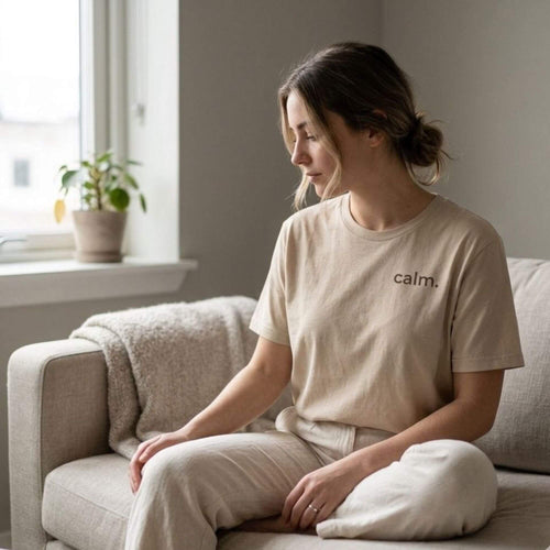woman wearing calm t-shirt soft natural light minimalist lifestyle calm aesthetic outfit