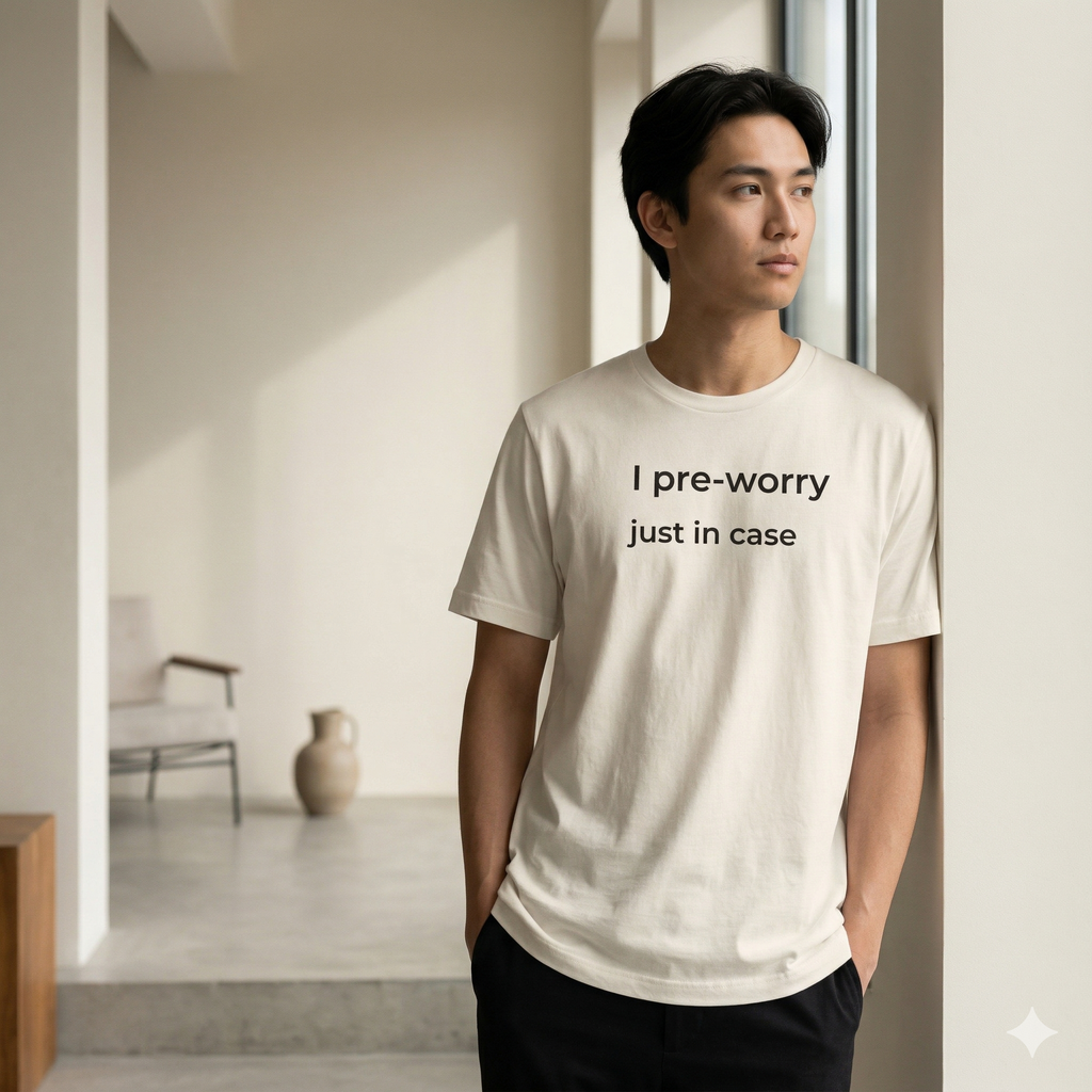 Minimalist beige T-shirt with anxiety quote "I pre-worry just in case"