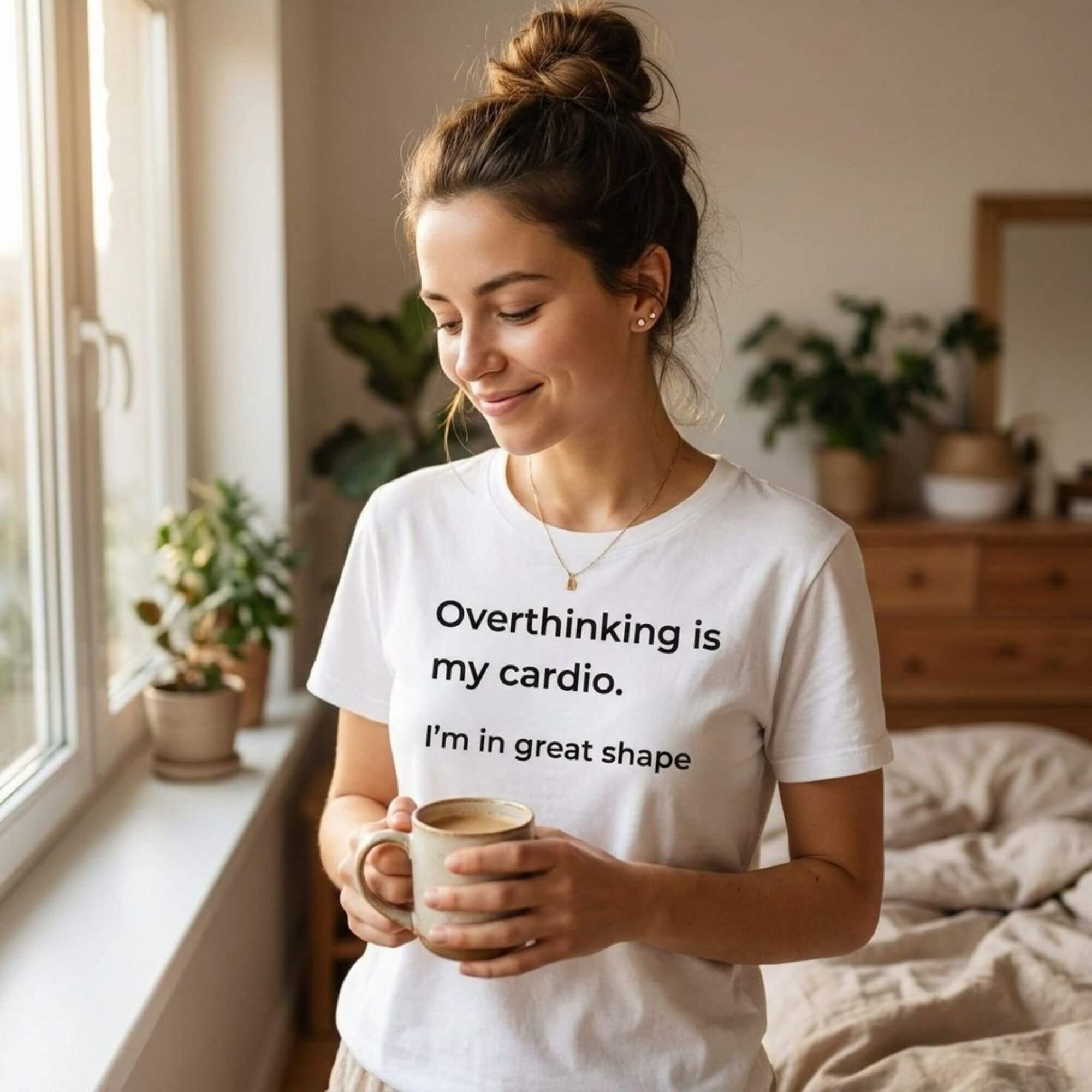 woman in overthinking is my cardio grey slogan tee holding mug — text & tone