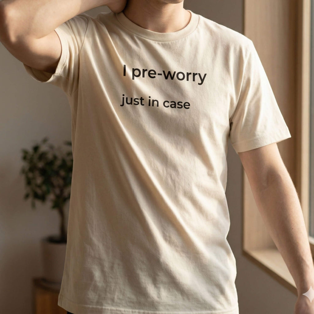 Casual outfit with cream slogan T-shirt "I pre-worry just in case"