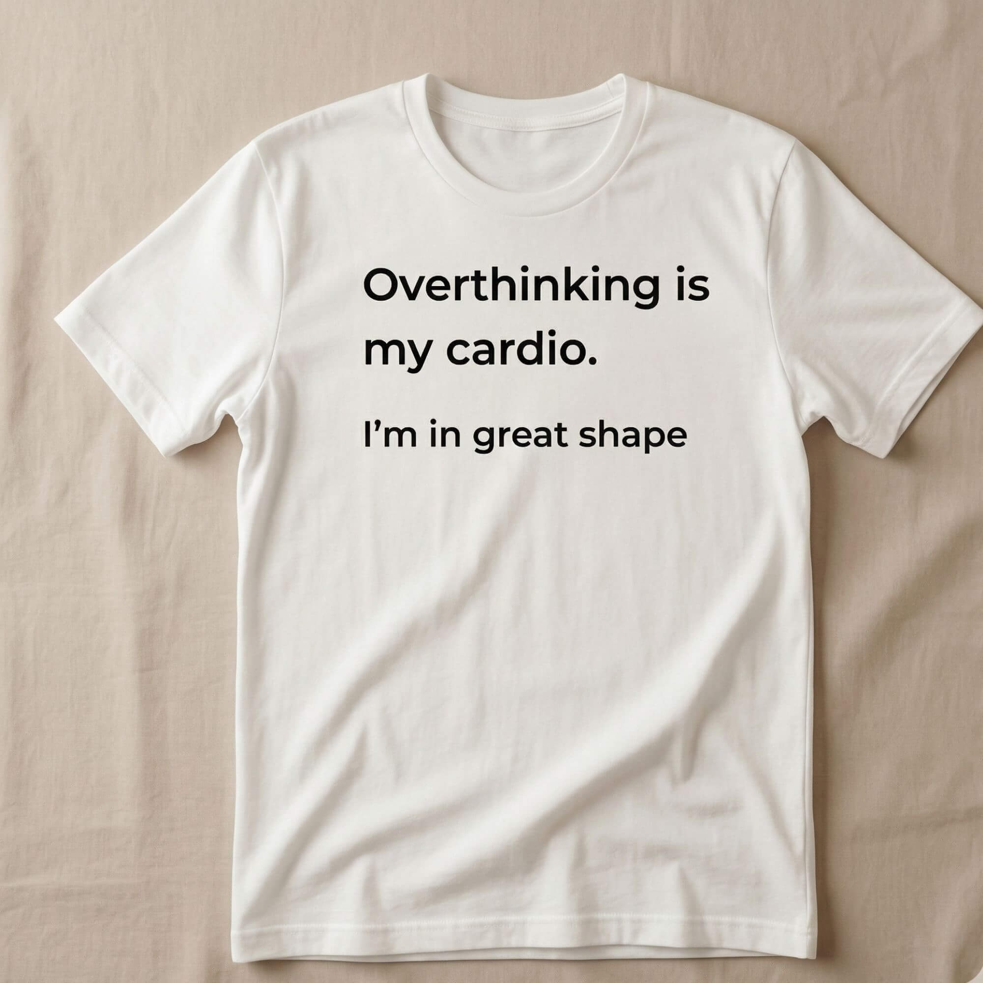 man wearing overthinking is my cardio t-shirt casual lifestyle shot mental health humor graphic tee