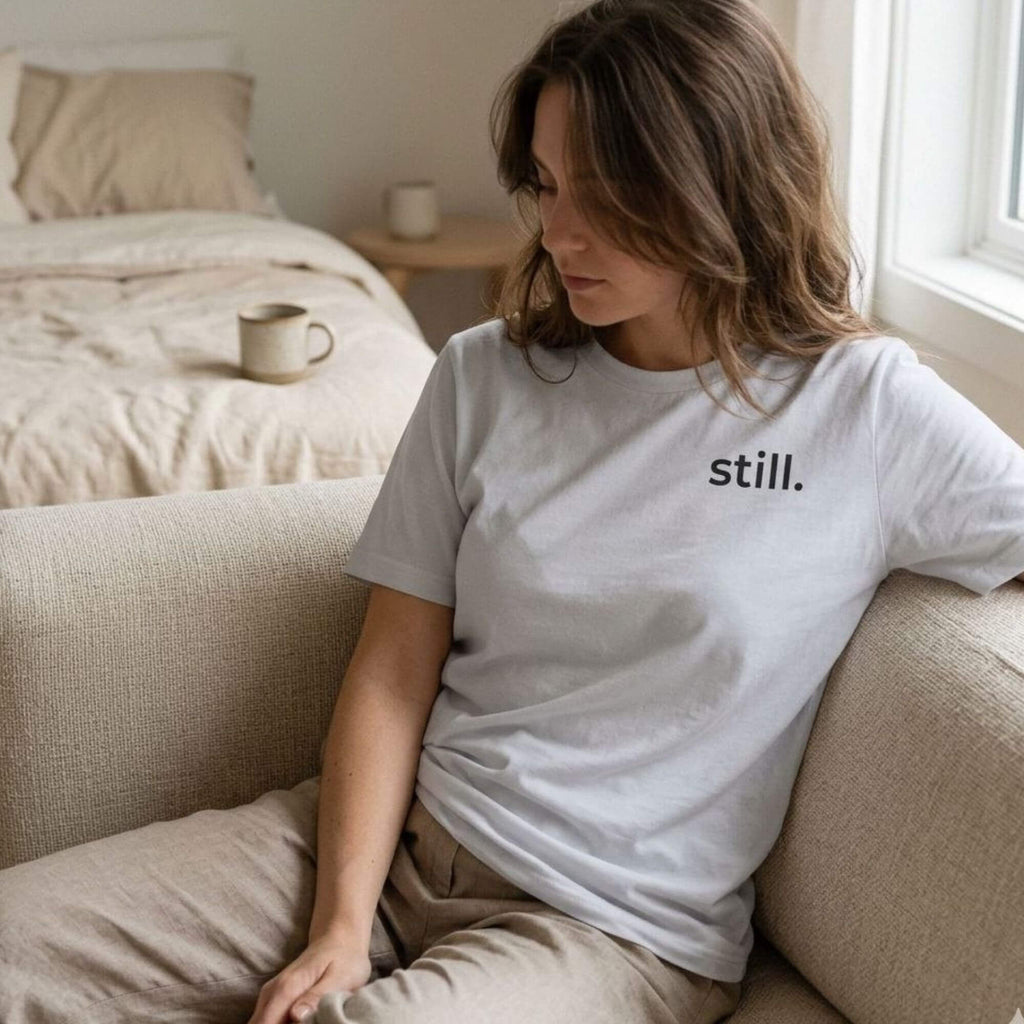 woman wearing still t-shirt cozy minimalist lifestyle neutral aesthetic calm outfit