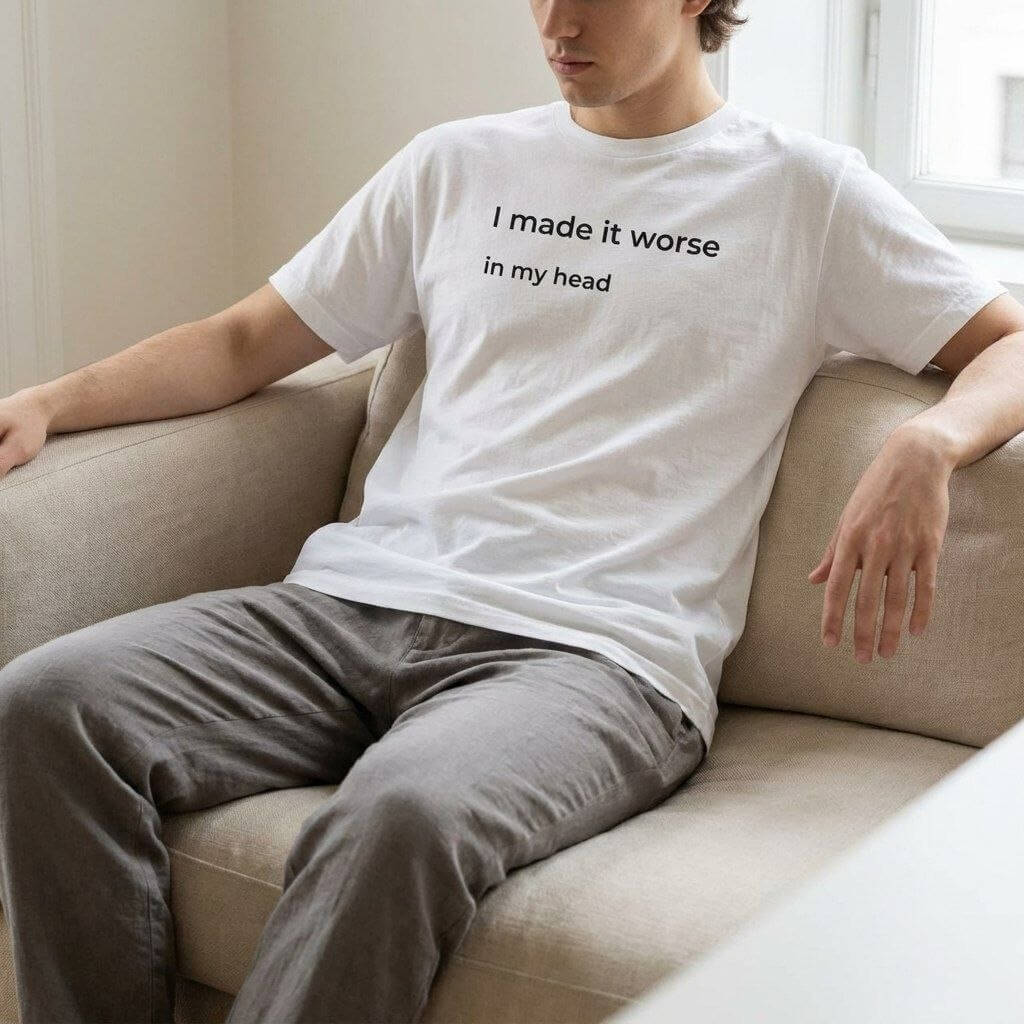 Minimal anxiety quote t-shirt worn casually, overthinking aesthetic clothing