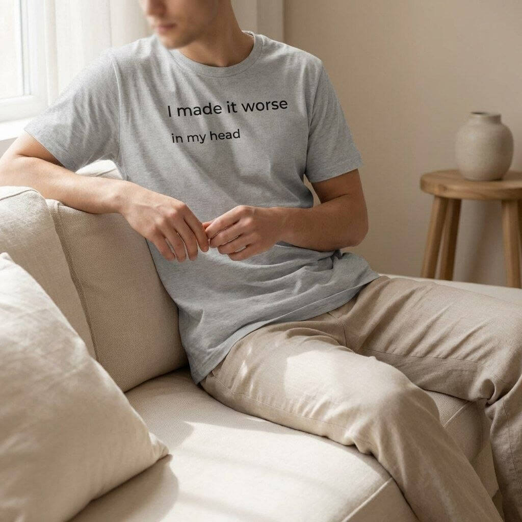 Person wearing “I made it worse in my head” t-shirt, relaxed casual outfit