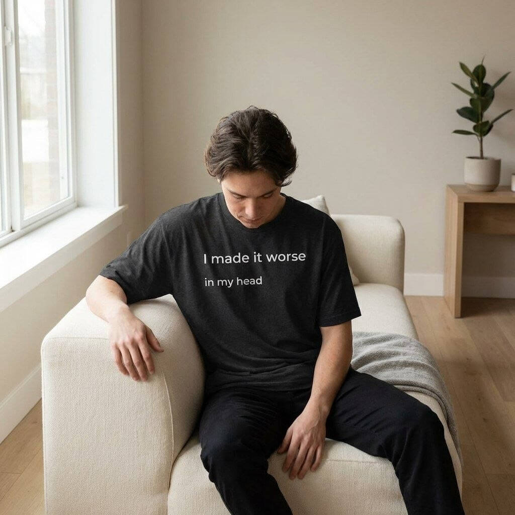 Lifestyle photo of black overthinking quote t-shirt with “I made it worse in my head” while seated indoors