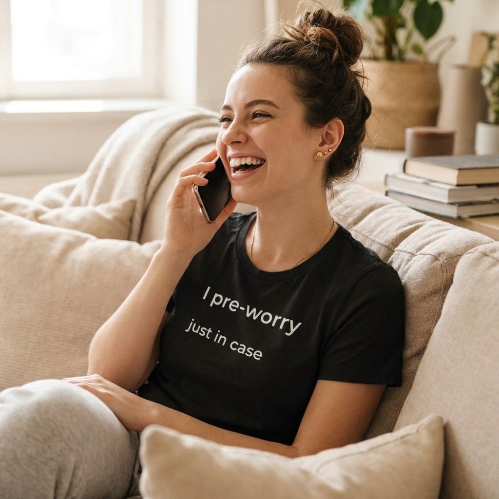 woman laughing on phone in i pre-worry just in case black tee — text & tone