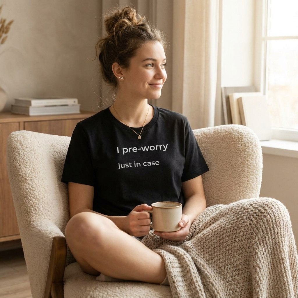 woman sitting with blanket in i pre-worry just in case black slogan tee — text & tone