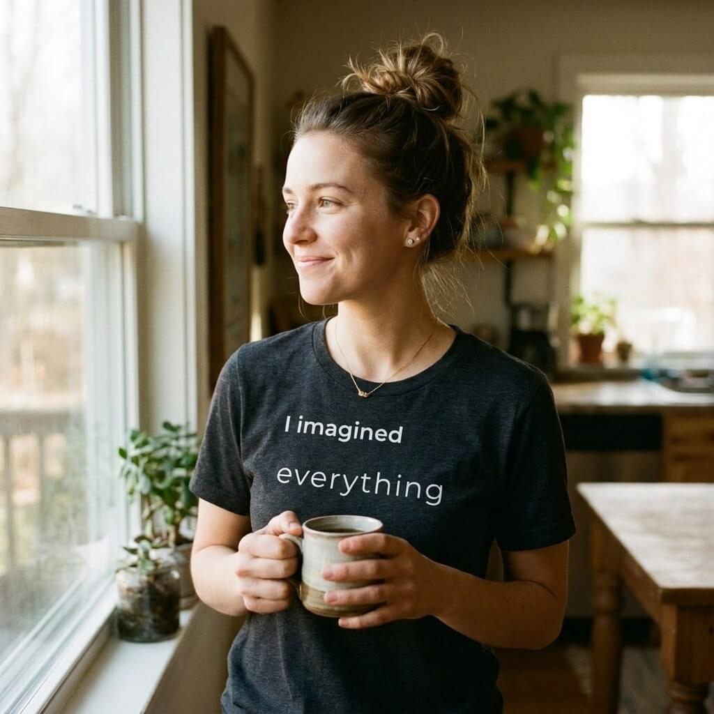 woman holding coffee in i imagined everything dark grey minimalist t-shirt — text & tone
woman sitting by window in i imagined everything charcoal tee — text & tone
