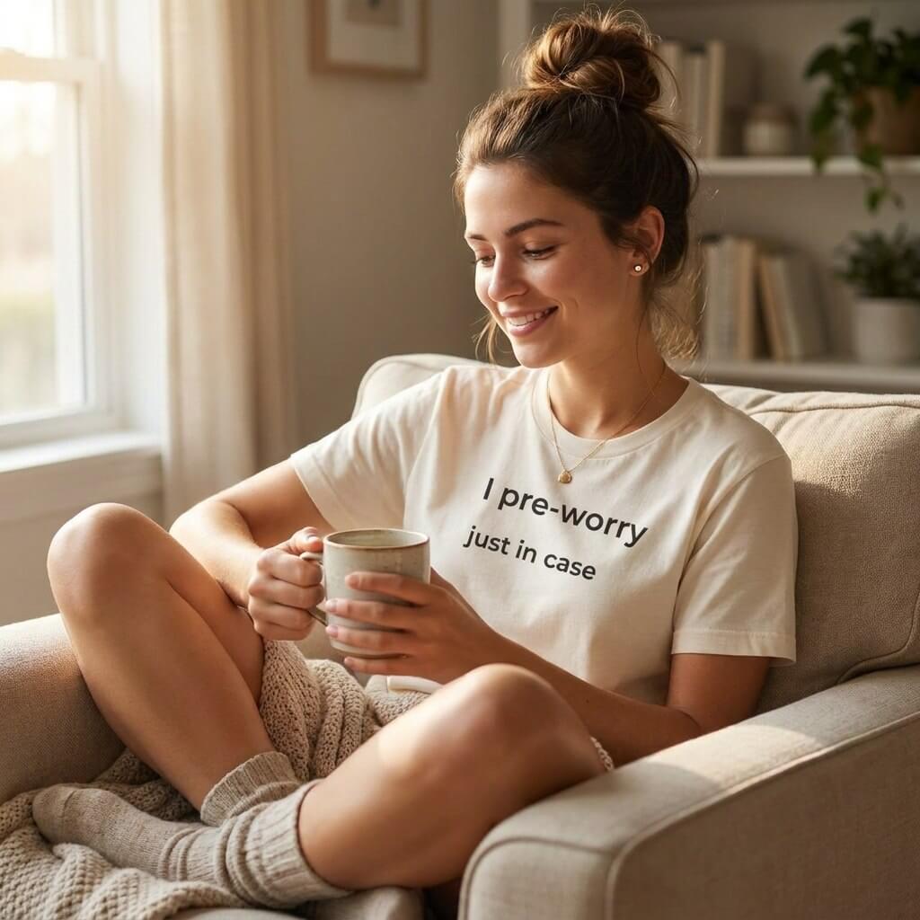 woman in i pre-worry just in case natural tee sitting on sofa with mug — text & tone