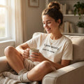woman in i pre-worry just in case natural tee sitting on sofa with mug — text & tone