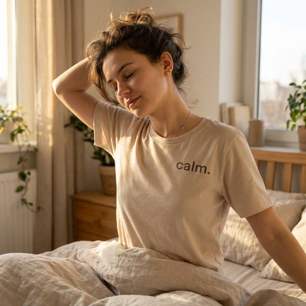 woman wearing calm beige minimalist t-shirt sitting on bed — text & tone