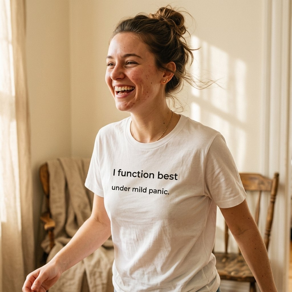 woman smiling in grey anxiety slogan tee — morning light — text & tone