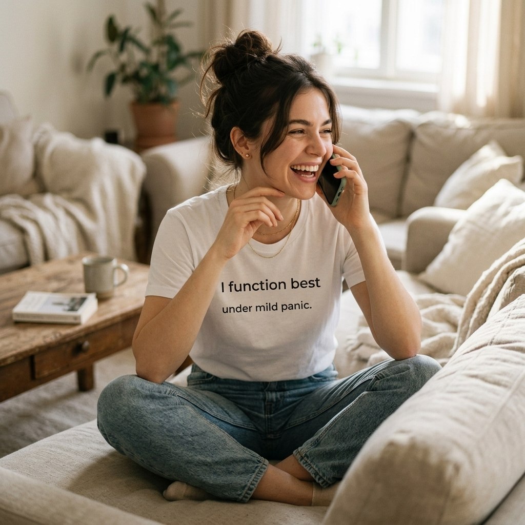 woman in grey minimalist tee sitting cross-legged on sofa — text & tone