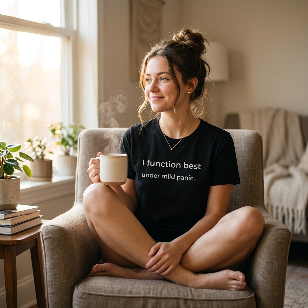 woman wearing i function best under mild panic black t-shirt sitting in armchair with coffee — text & tone