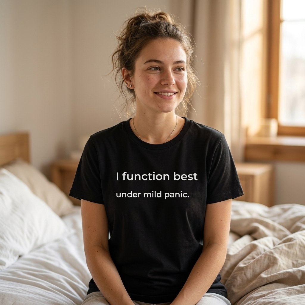 woman smiling in black anxiety slogan t-shirt — i function best under mild panic — text & tone