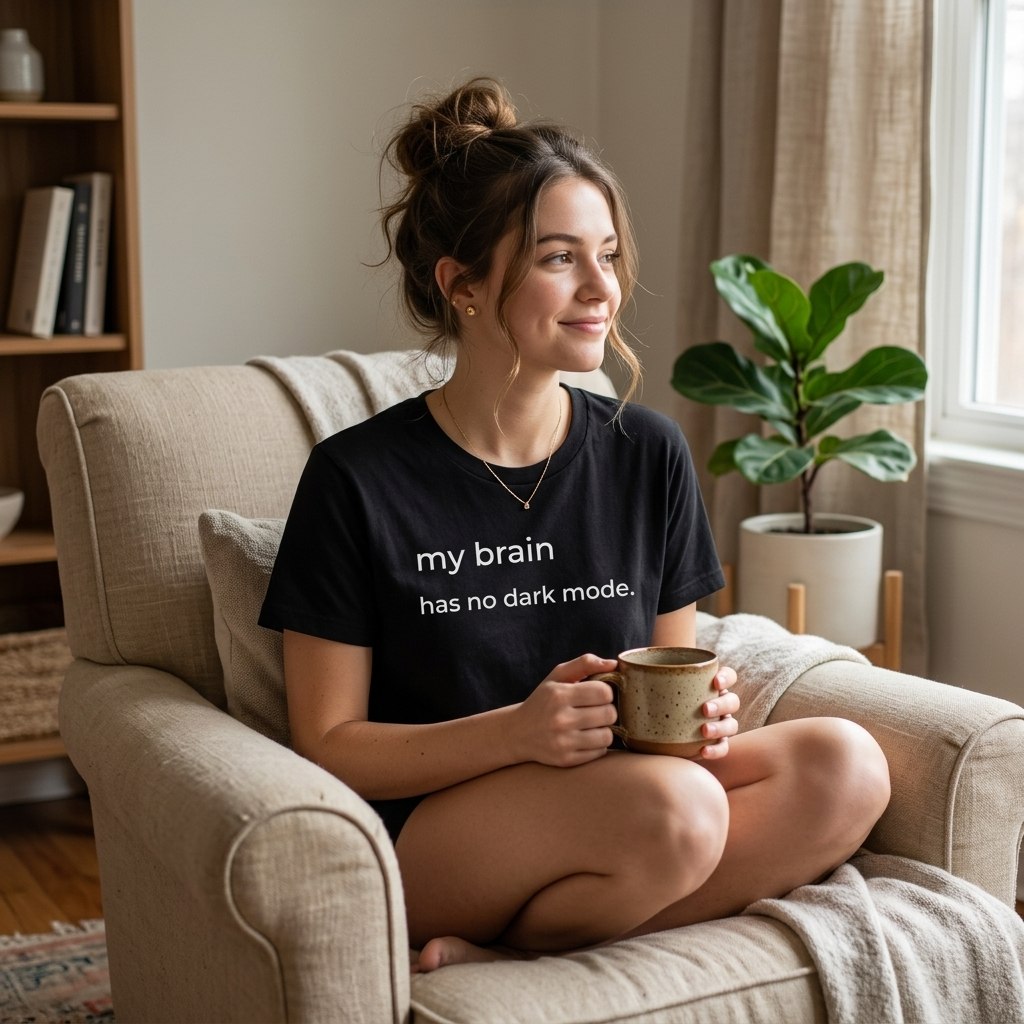 woman sitting cross-legged in my brain has no dark mode navy t-shirt — text & tone