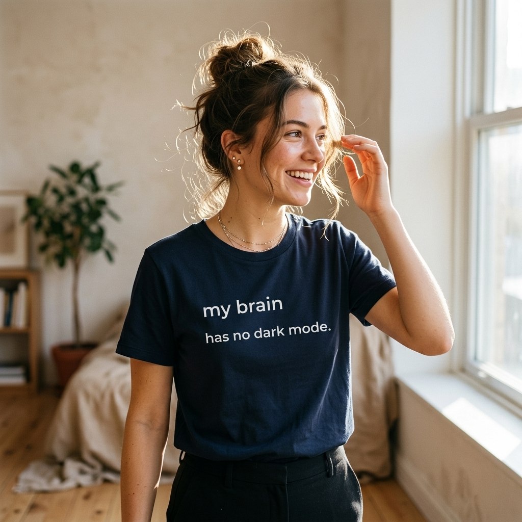 My Brain Has No Dark Mode T-Shirt – Funny Overthinking Tee for Women