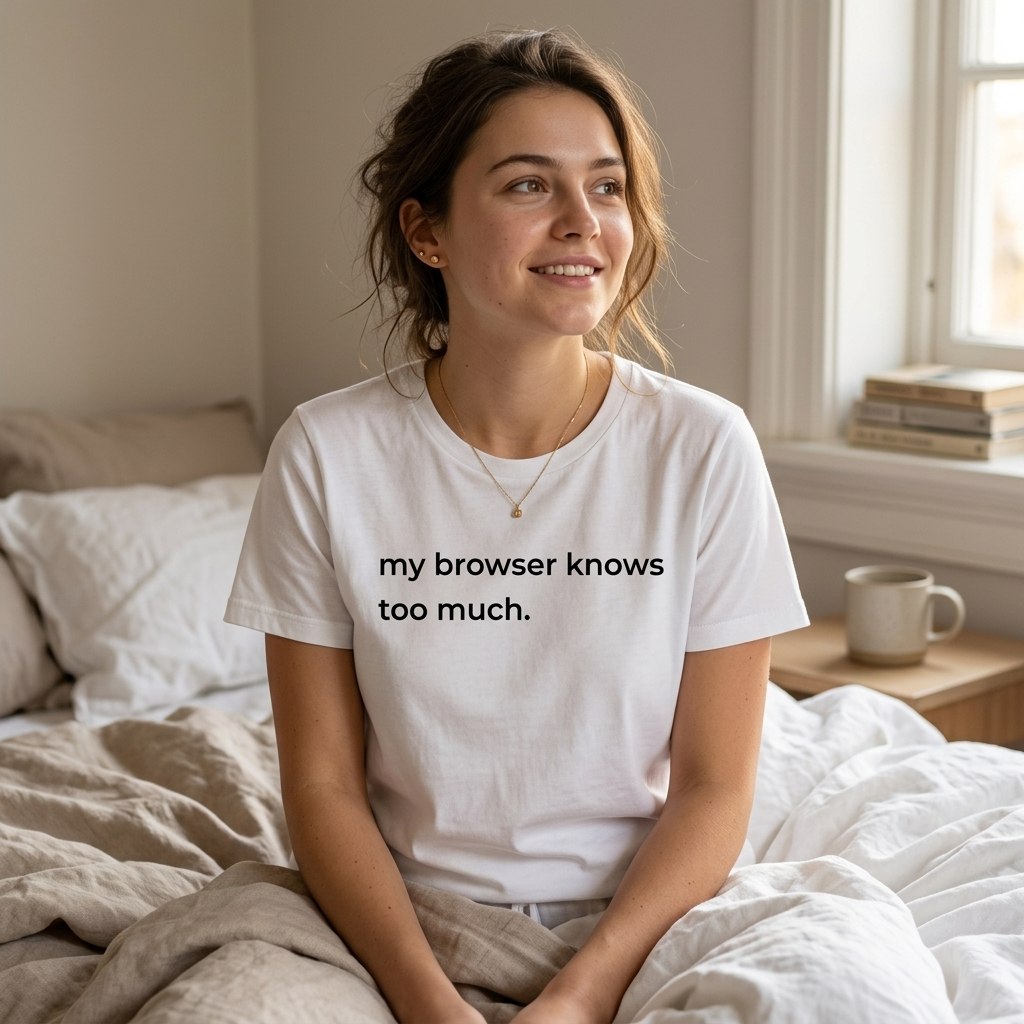 woman wearing my browser knows too much white t-shirt sitting on bed — text & tone