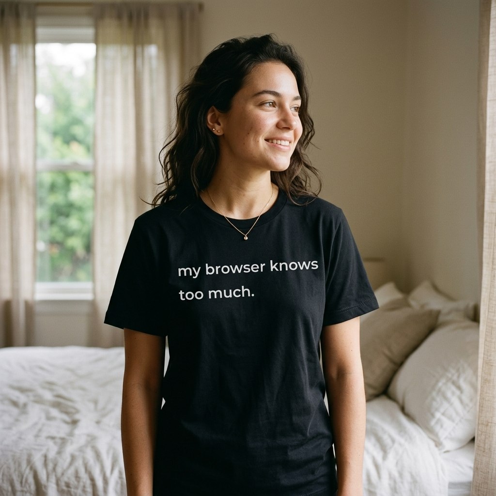 woman in black slogan tee my browser knows too much — smiling by window — text & tone