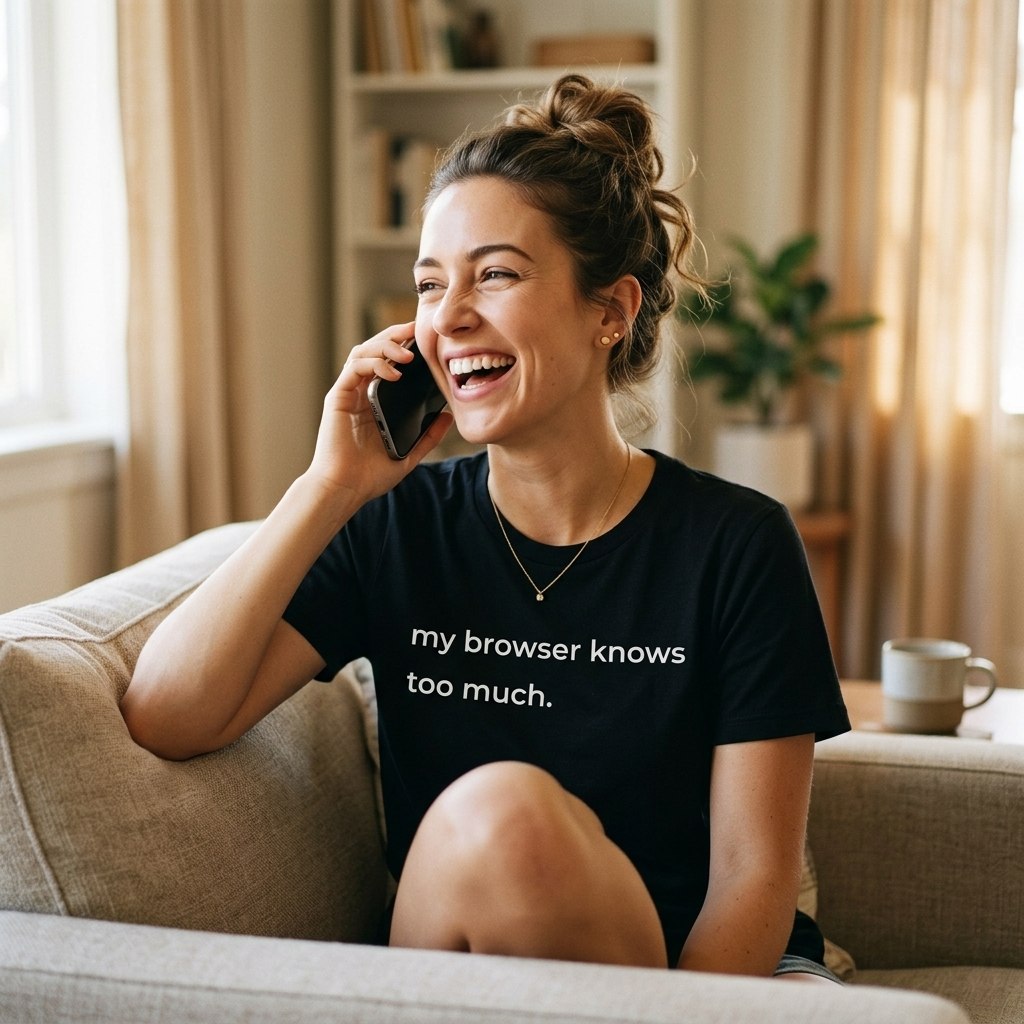 woman laughing on phone wearing my browser knows too much black t-shirt — text & tone