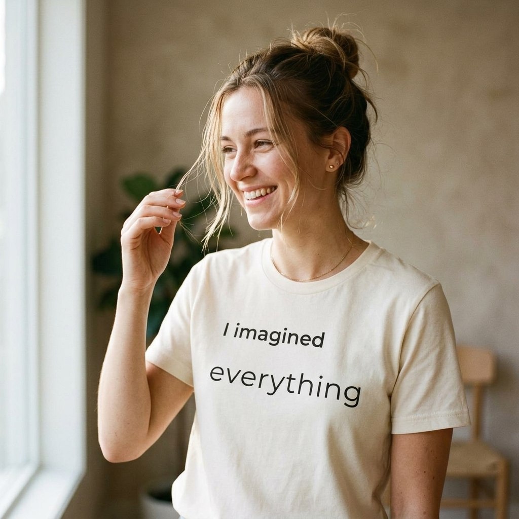 woman smiling in i imagined everything minimalist tee — text & tone