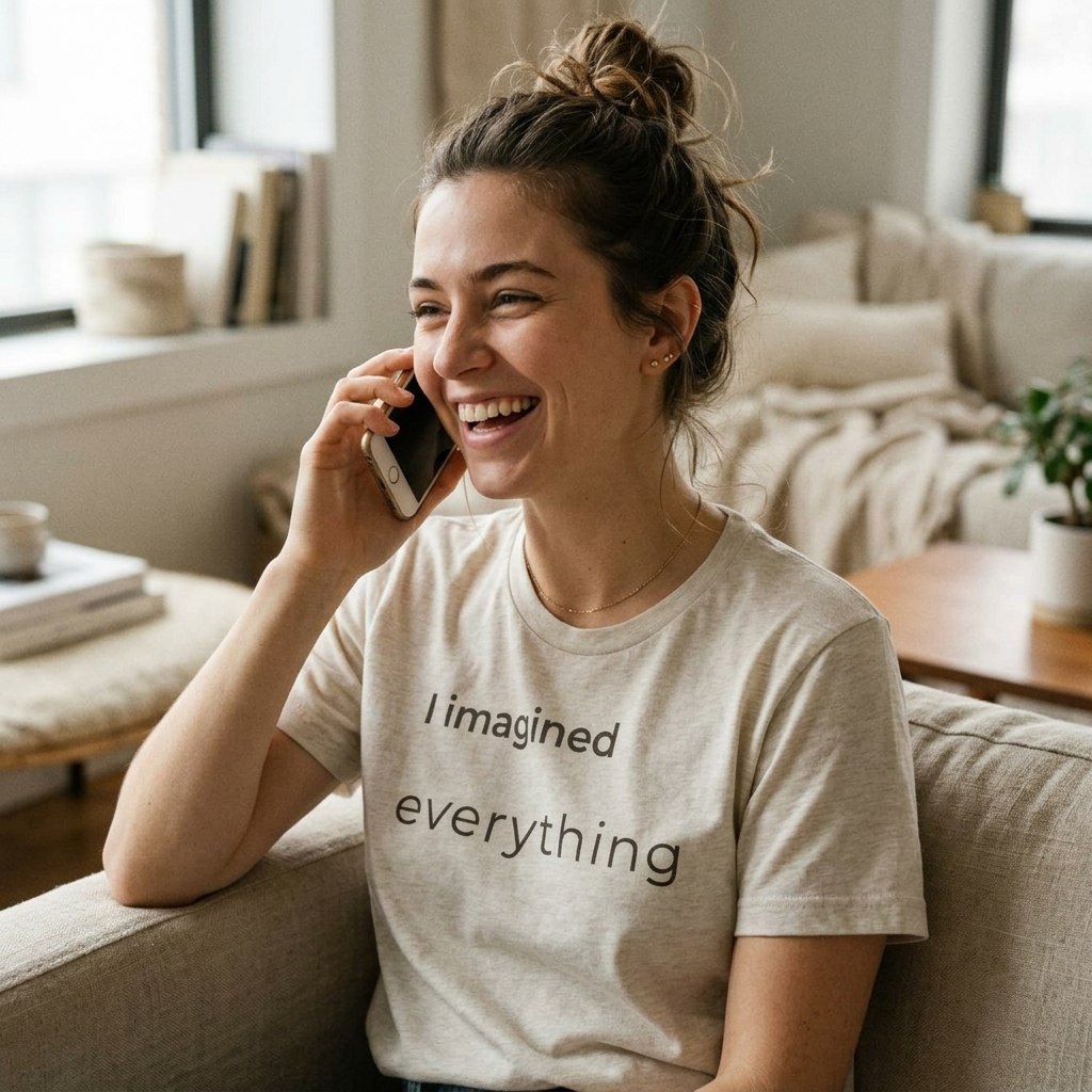 woman laughing on phone wearing i imagined everything natural t-shirt — text & tone