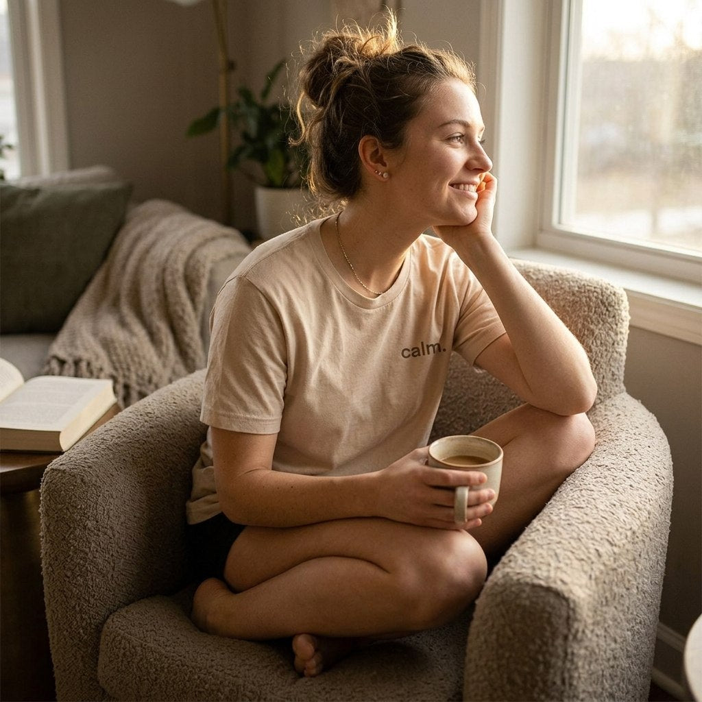 woman in calm natural tee sitting on sofa with mug — text & tone
