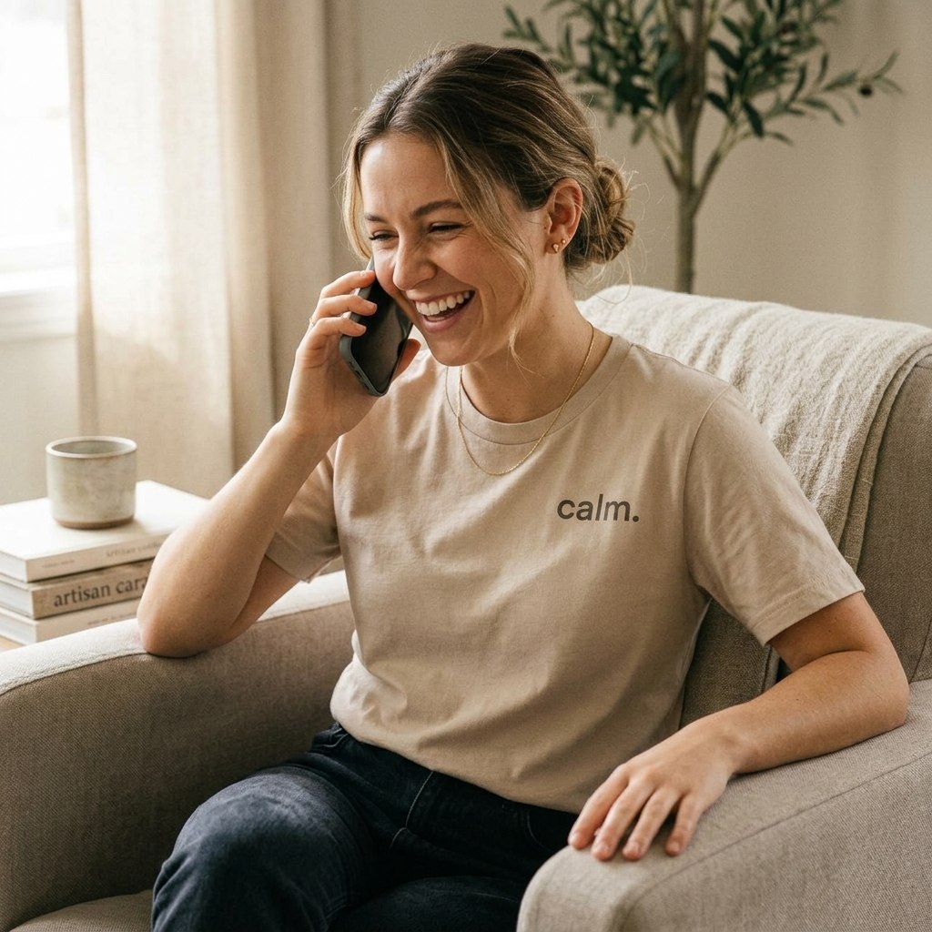 woman laughing on phone wearing calm beige slogan t-shirt — text & tone