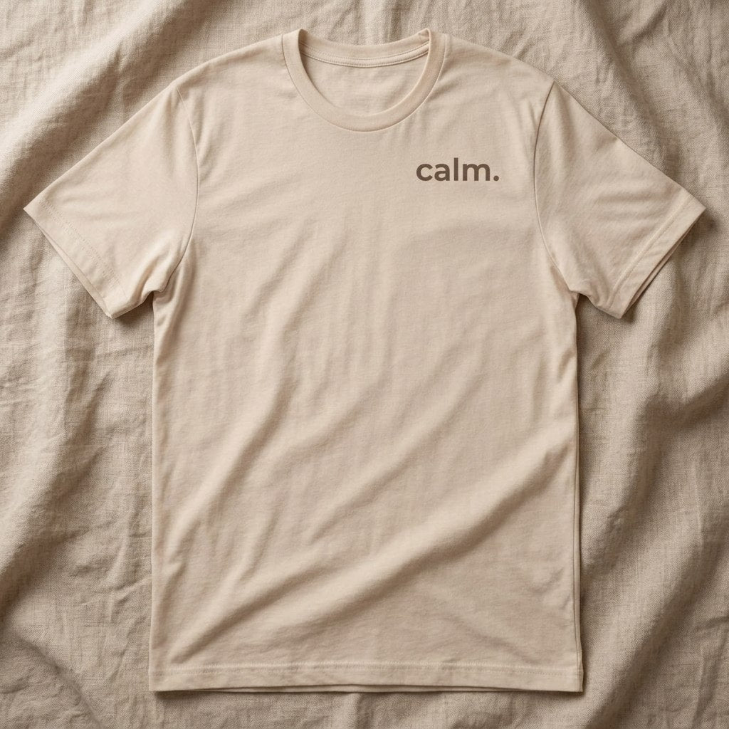 calm. beige t-shirt flat lay — minimalist tee — text &