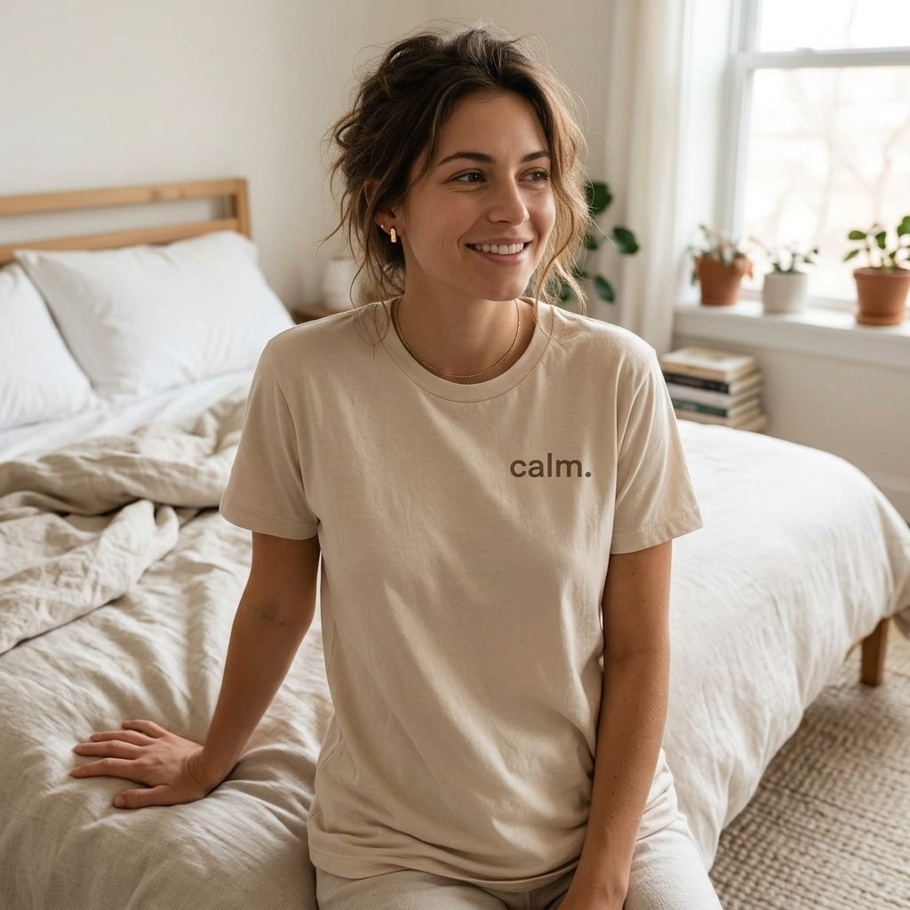 woman sitting on bed in calm minimalist natural tee — text & tone