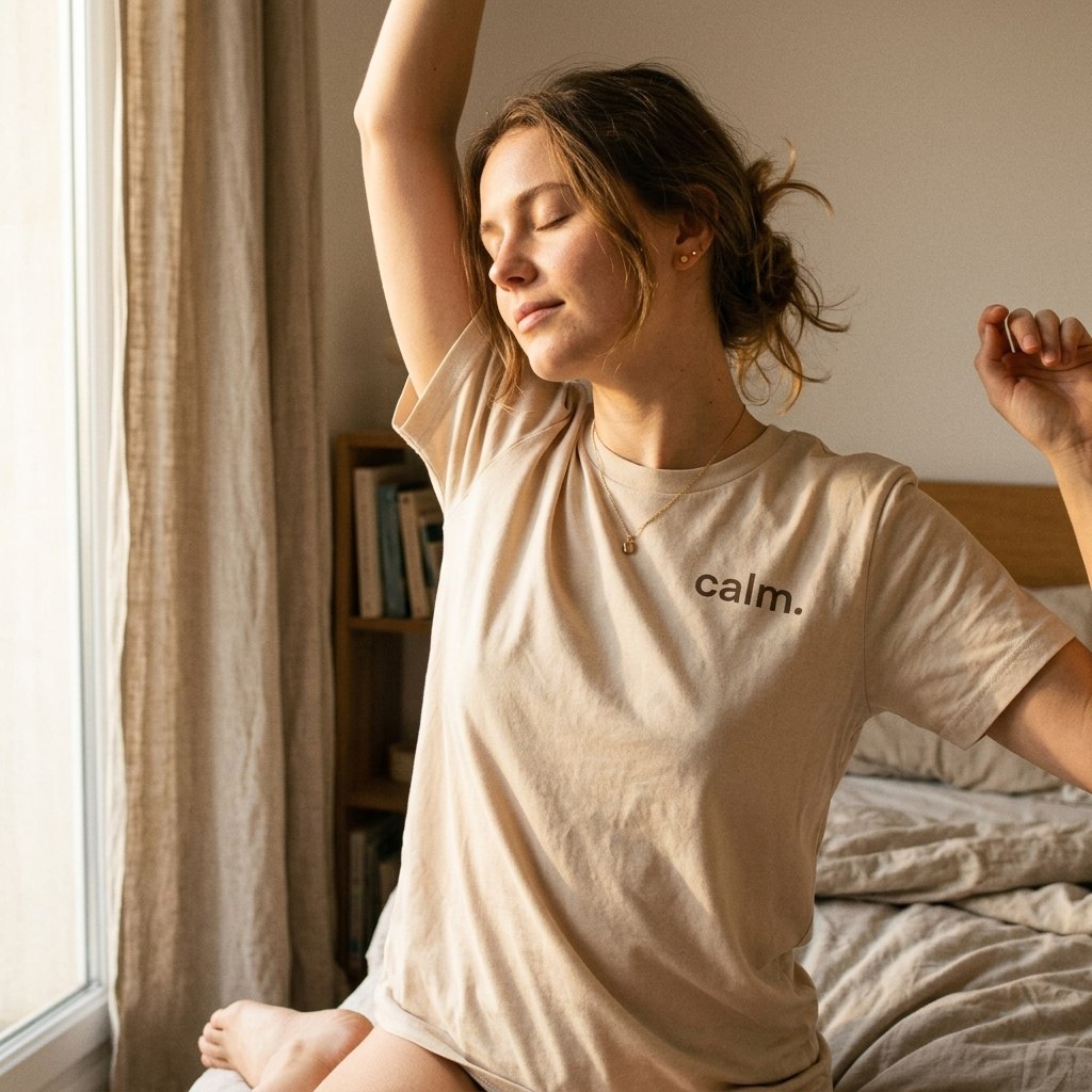 woman stretching in calm beige t-shirt — morning light — text & tone