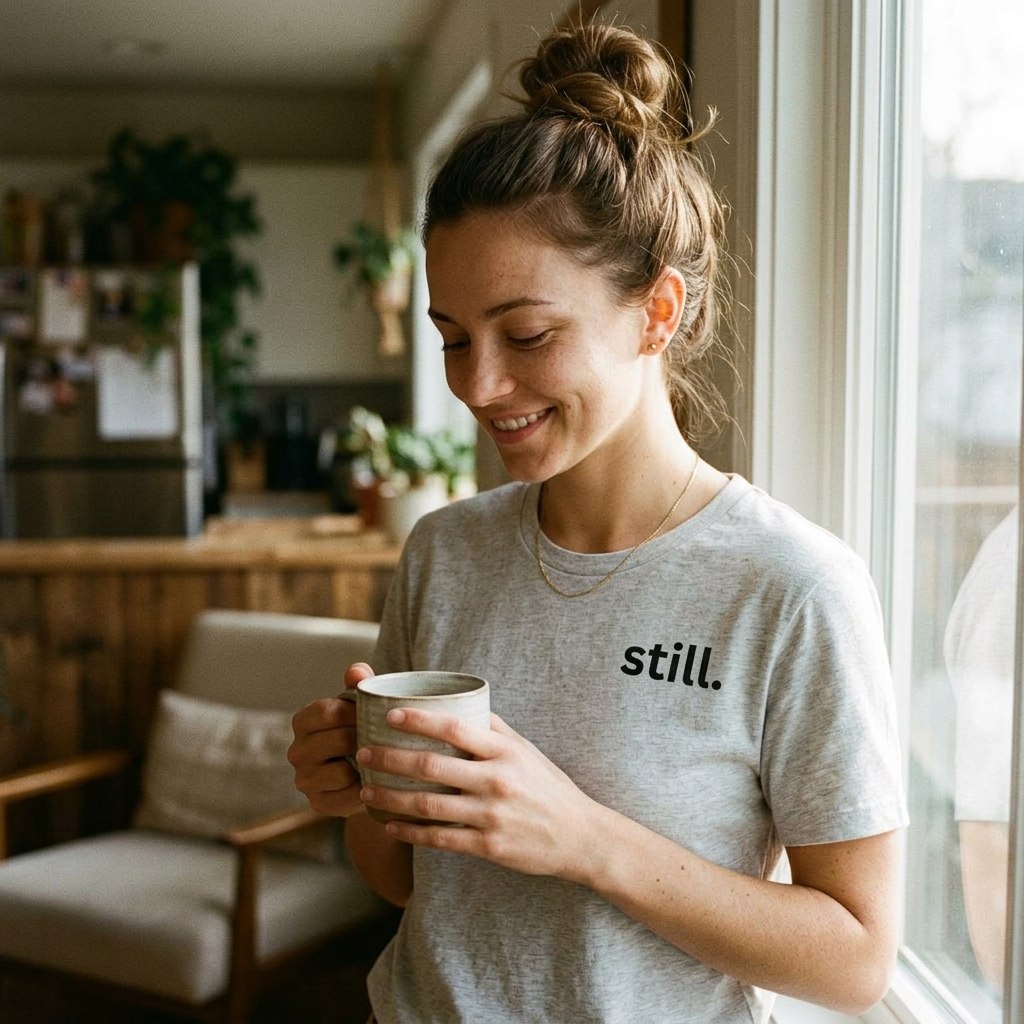woman in still light blue tee holding coffee — soft natural light — text & tone