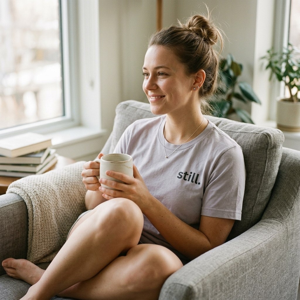 woman smiling in still minimalist t-shirt by window — text & tone