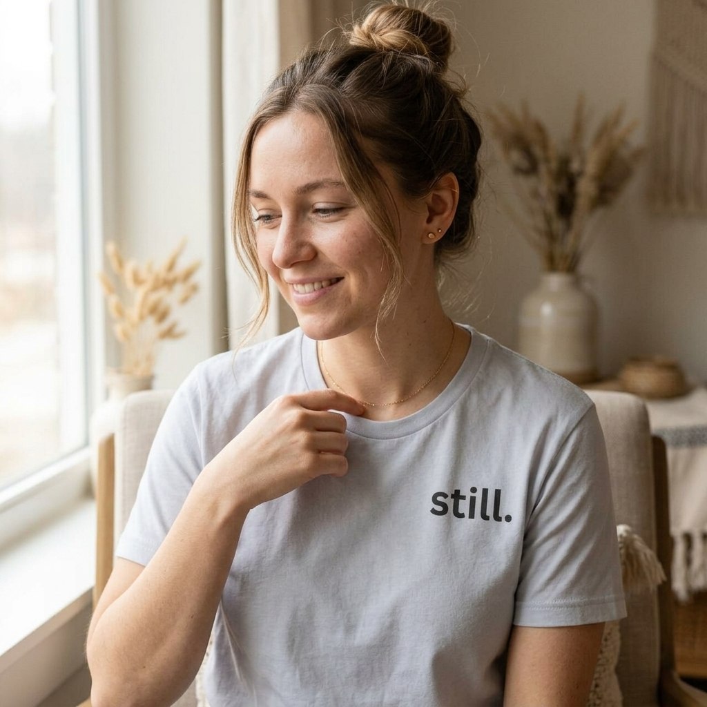 woman with coffee sitting in still light grey tee — text & tone