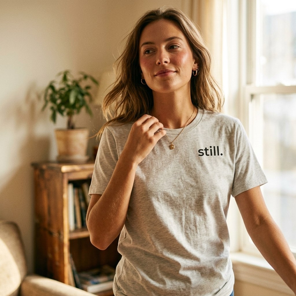 woman smiling in still minimalist t-shirt by window — text & tone